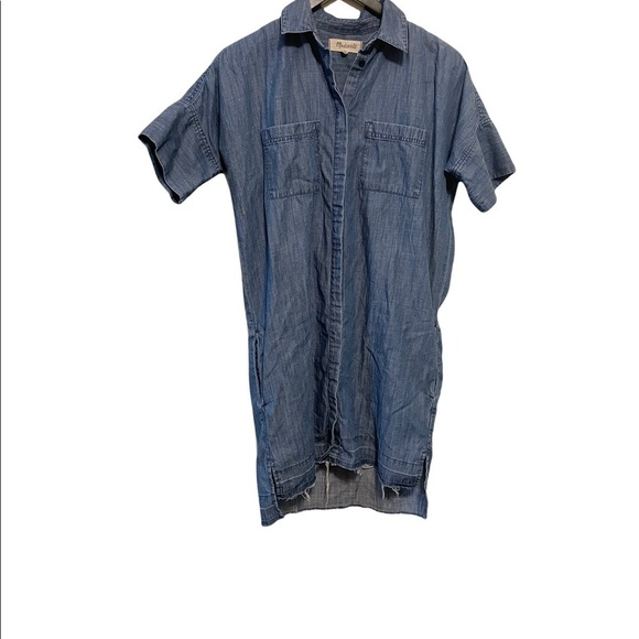 Madewell Chambray Denim Raw Edge Drop Hem Short Sleeve Button Down Shirt Dress - Picture 4 of 9